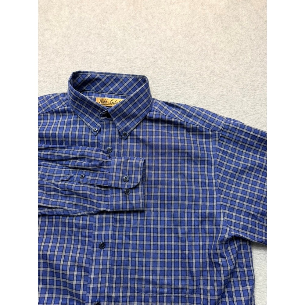 Roundtree & Yorke Gold Label Mens Blue Plaid Button Down Shirt Large Long Sleeve